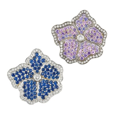 Lot 327 - Pair of Platinum, White Gold, Sapphire, Purplish-Pink Sapphire and Diamond Flower Pins