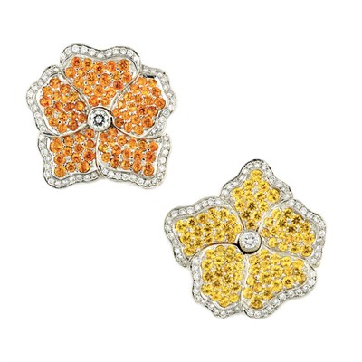 Lot 164 - Pair of Platinum, Yellow Sapphire, Orange Garnet and Diamond Flower Pins