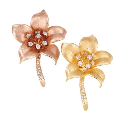 Lot 157 - Pair of Yellow and Rose Gold and Diamond Flower Clip-Brooches
