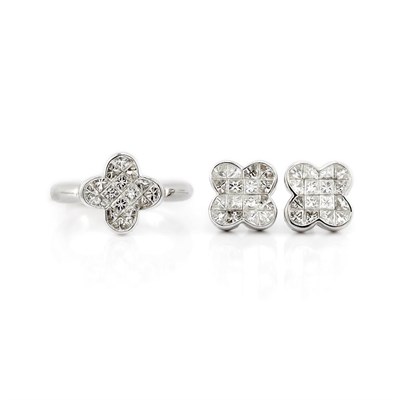 Lot 103 - Pair of White Gold and Diamond Earrings and Ring