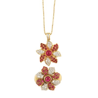 Lot 428 - Gold, Diamond and Ruby Flower Ring and Pendant with Chain