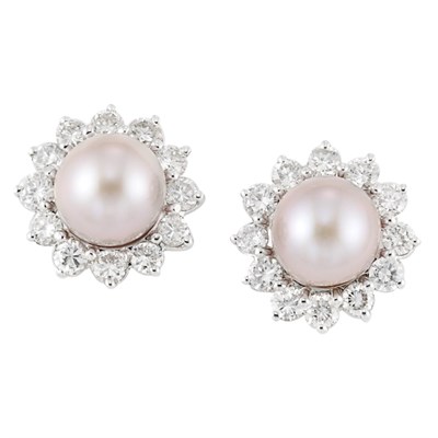 Lot 682 - Pair of White Gold, Purplish-Pink Freshwater Pearl and Diamond Earrings