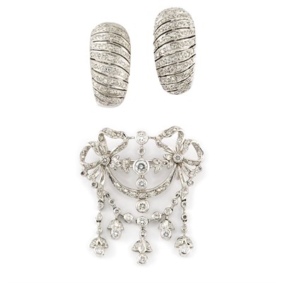 Lot 116 - White Gold and Diamond Garland Brooch and Pair of Half Hoop Earrings