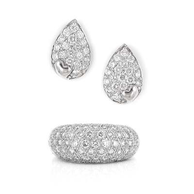 Lot 530 - White Gold and Diamond Bombe Ring and Pair of Diamond Earrings