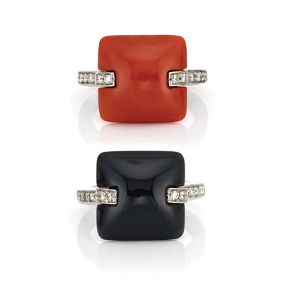 Lot 104 - Pair of White Gold, Coral, Black Onyx and Diamond Rings