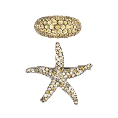 Lot 656 - Blackened Gold, Diamond and Colored Diamond Starfish Pin and Gold and Yellow Sapphire Bombe Ring