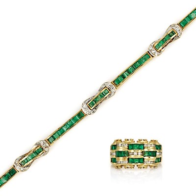 Lot 776 - Gold, Emerald and Diamond Bracelet and Ring