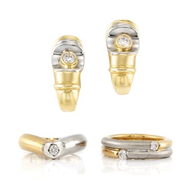 Lot 500 - Two Two-Color Gold and Diamond Rings and Pair of Earrings