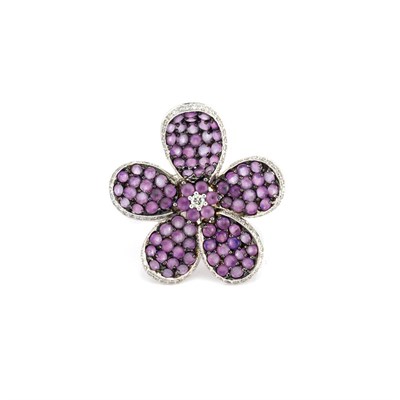 Lot 753 - White Gold, Cabochon Amethyst and Diamond Flower Ring