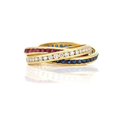 Lot 454 - Three Interlocking Gold, Diamond, Ruby and Sapphire Band Ring