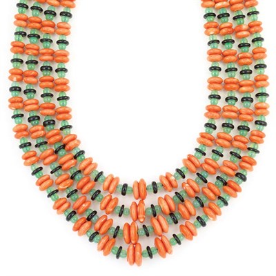 Lot 481 - Four Strand Coral, Green Chrysoprase and Black Onyx Bead Necklace