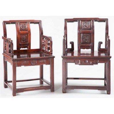 Lot 215 - Pair of Chinese Carved Hardwood Armchairs