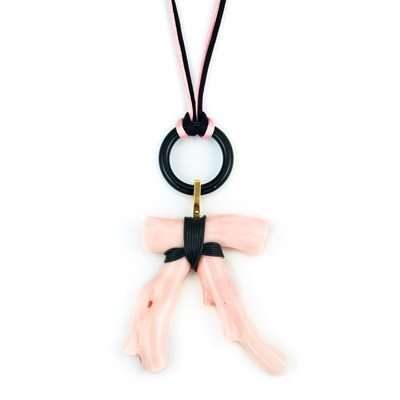 Lot 759 - Angel Skin Branch Coral, Black Onyx and Gold Pendant with Double Strand Black and Pink Silk Cord