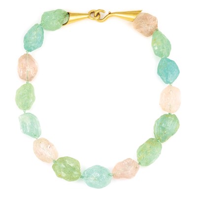 Lot 329 - Tumbled Aquamarine, Green Beryl and Morganite Bead Necklace with Gold Clasp