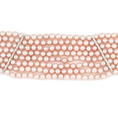 Lot 853 - Eight Strand Pink Freshwater Pearl and White Gold Choker Necklace