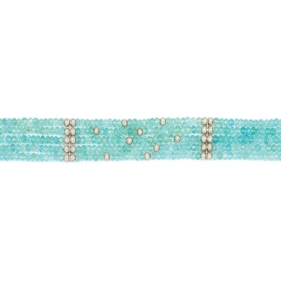 Lot 325 - Five Strand Aquamarine Bead, White Gold and Diamond Choker Necklace