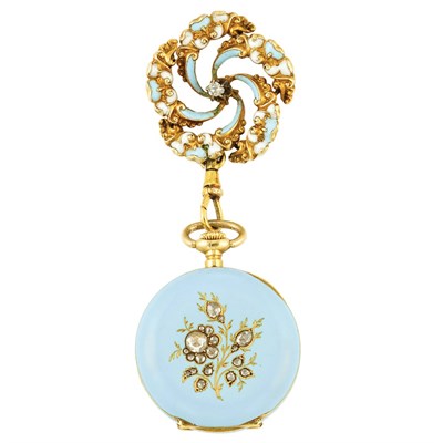 Lot 71 - Antique Gold, Light Blue Enamel and Diamond Lapel Watch