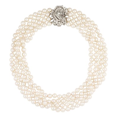 Lot 764 - Four Strand Cultured Pearl Necklace with White Gold and Diamond Scroll Clasp