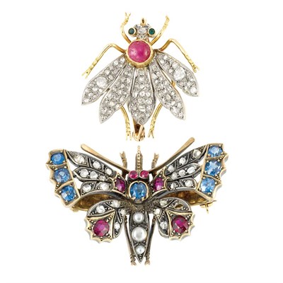 Lot 68 - Antique Diamond and Gem-Set Butterfly Pin and Russian Diamond and Cabochon Ruby Insect Pin