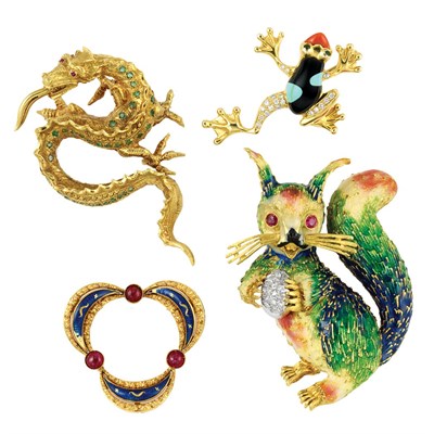 Lot 400 - Three Gold, Enamel, Diamond and Gem-Set Animal Brooches and Enamel and Cabochon Ruby Pin