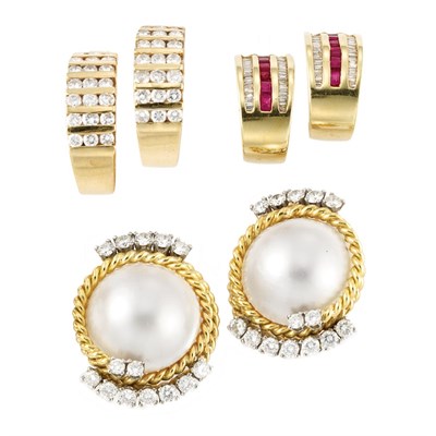 Lot 127 - Three Pairs of Gold, Diamond, Ruby and Mabe Pearl Earrings