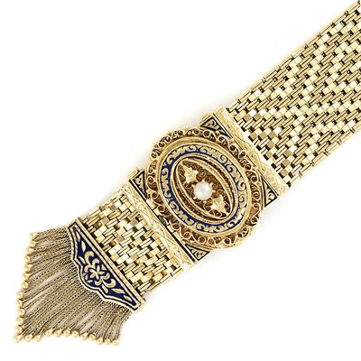 Lot 247 - Gold, Blue Enamel and Cultured Pearl Fringe Bracelet-Watch
