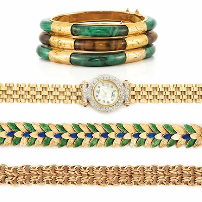 Lot 920 - Group of Gold Jewelry and Three Hardstone Bangles