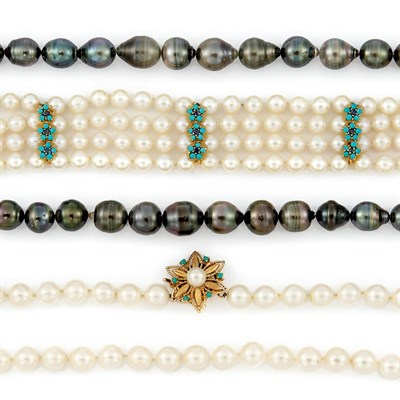 Lot 402 - Cultured Pearl Necklace, Four Strand Bracelet and Two Dyed Black Baroque Cultured Pearl Necklaces
