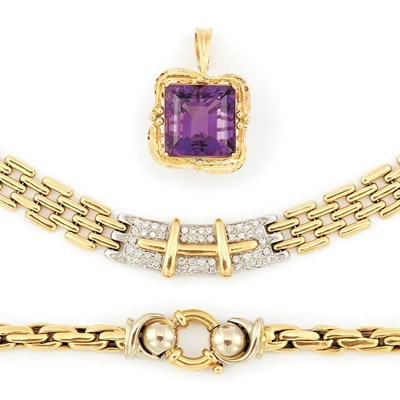Lot 825 - Two Gold and Diamond Necklaces and Amethyst Pendant