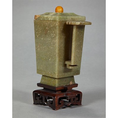 Lot 173 - Chinese Archaic Style Green Jade Covered Vase...