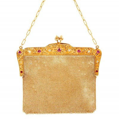 Lot 366 - Antique Gold, Diamond, Pink Sapphire and Ruby Mesh Purse with Carrying Chain