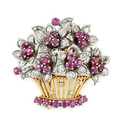 Lot 228 - Gold, Platinum, Ruby and Diamond Bouquet Brooch