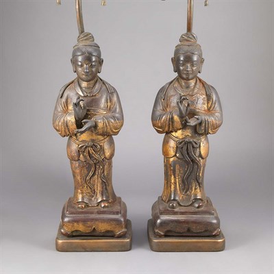 Lot 353 - Pair of Asian Patinated-Bronze Lamps