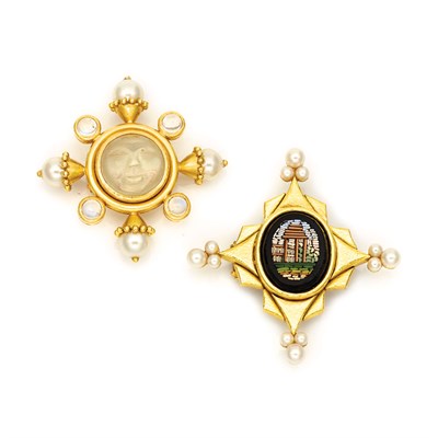 Lot 578 - Two Gold, Cultured Pearl, Moonstone and Micromosaic Clip-Brooches, Elizabeth Locke