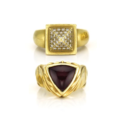Lot 11 - Two Gold, Diamond and Cabochon Garnet Rings