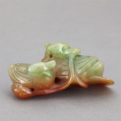 Lot 83 - Chinese Red and Green Jade Group of Ducks Late...