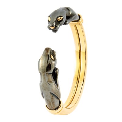 Lot 495 - Gold and Blackened Sterling Silver Panther Bangle Bracelet, Cartier