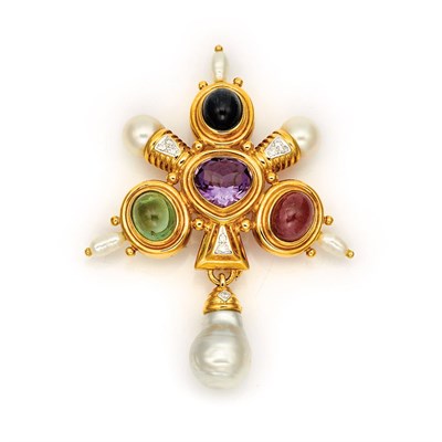 Lot 545 - Gold, Gem-Set, Cultured and Freshwater Pearl and Diamond Clip-Brooch