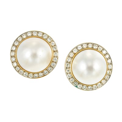 Lot 531 - Pair of Gold, Mabe Pearl and Diamond Earrings