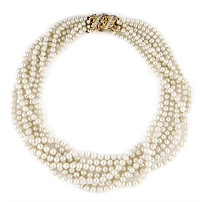 Lot 96 - Seven Strand Cultured Pearl Torsade Necklace with Gold and Diamond Clasp