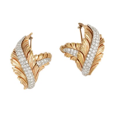 Lot 373 - Pair of Rose Gold, Platinum and Diamond Leaf Clip-Brooches