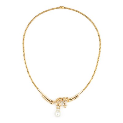 Lot 539 - Gold, Baroque Cultured Pearl and Diamond Chain Necklace