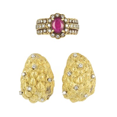 Lot 676 - Pair of Gold and Diamond Earclips and Ruby and Diamond Ring