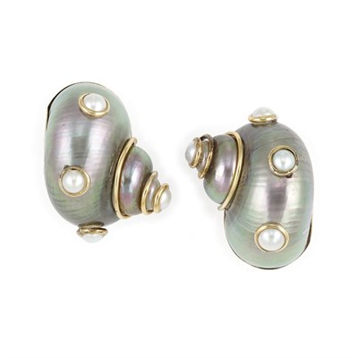 Lot 674 - Pair of Gold, Gray Shell and Split Pearl Earclips