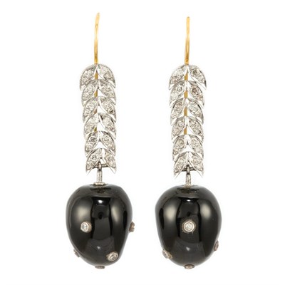 Lot 491 - Pair of White Gold, Diamond and Black Onyx Pendant-Earrings