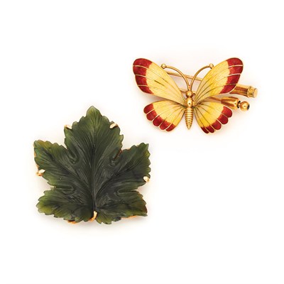 Lot 205 - Gold and Enamel Butterfly Clip-Brooch, Tiffany & Co., and Gold and Carved Nephrite Leaf Brooch