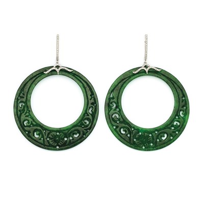 Lot 292 - Pair of White Gold, Diamond and Carved Jade Hoop Earrings