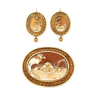 Lot 57 - Antique Gold and Shell Cameo Pendant-Brooch and Pair of Earrings