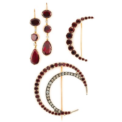Lot 595 - Two Antique Foiled-Back Garnet and Diamond Crescent Pins and Pair of Pendant-Earrings