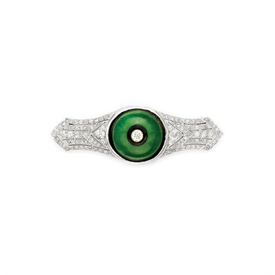 Lot 798 - Platinum, Jade, Diamond and Black Onyx Brooch